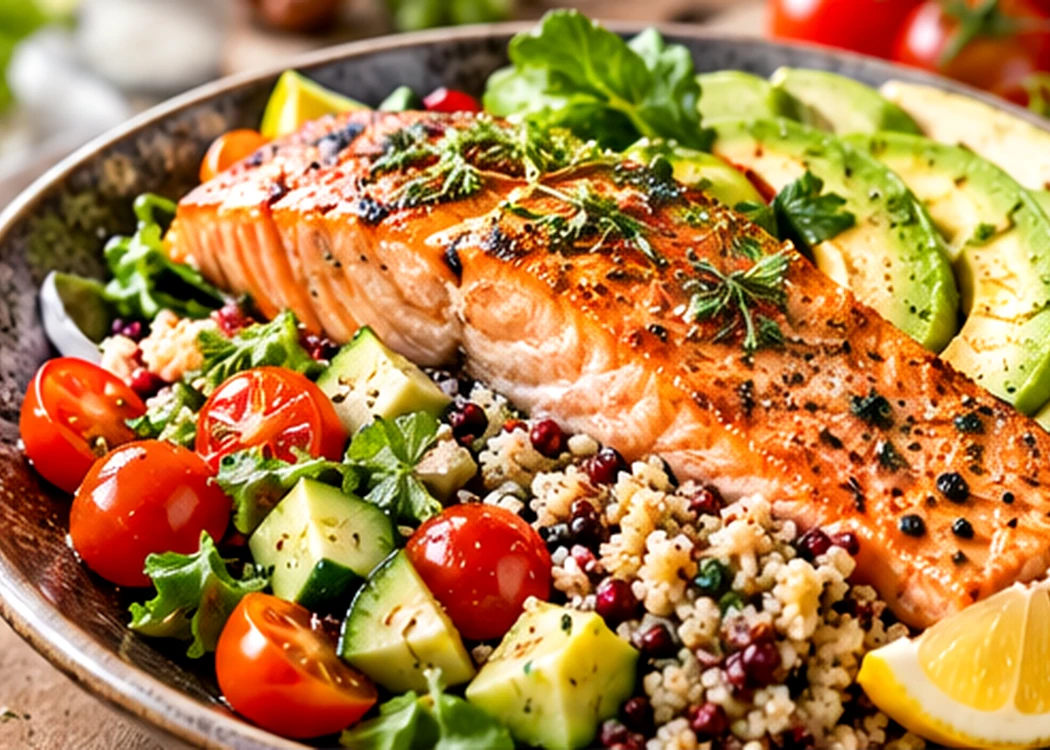 Colorful plate of cooked salmon, avocado, grains and vegetables