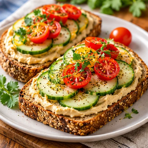 Whole grain toast topped with hummus and vegetables